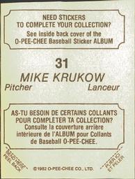 1982 O-Pee-Chee Stickers #31 Mike Krukow Back