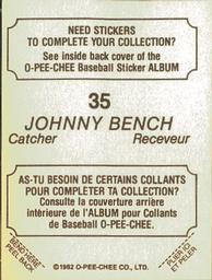 1982 O-Pee-Chee Stickers #35 Johnny Bench Back