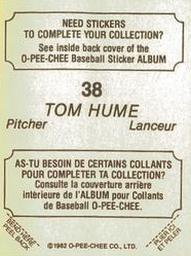 1982 O-Pee-Chee Stickers #38 Tom Hume Back