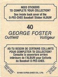 1982 O-Pee-Chee Stickers #40 George Foster Back