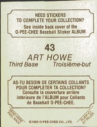 1982 O-Pee-Chee Stickers #43 Art Howe Back