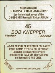 1982 O-Pee-Chee Stickers #45 Bob Knepper Back