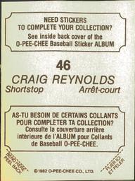 1982 O-Pee-Chee Stickers #46 Craig Reynolds Back