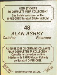 1982 O-Pee-Chee Stickers #48 Alan Ashby Back
