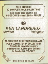 1982 O-Pee-Chee Stickers #49 Ken Landreaux Back
