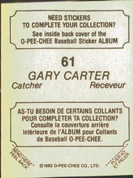1982 O-Pee-Chee Stickers #61 Gary Carter Back
