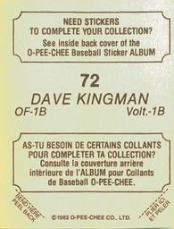 1982 O-Pee-Chee Stickers #72 Dave Kingman Back