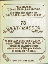 1982 O-Pee-Chee Stickers #73 Garry Maddox Back