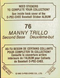 1982 O-Pee-Chee Stickers #76 Manny Trillo Back
