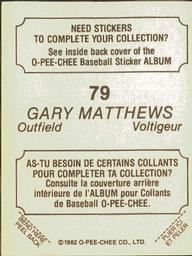 1982 O-Pee-Chee Stickers #79 Gary Matthews Back