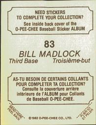 1982 O-Pee-Chee Stickers #83 Bill Madlock Back
