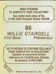 1982 O-Pee-Chee Stickers #85 Willie Stargell Back