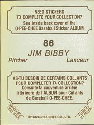 1982 O-Pee-Chee Stickers #86 Jim Bibby Back