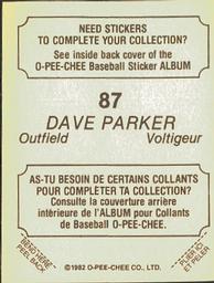 1982 O-Pee-Chee Stickers #87 Dave Parker Back