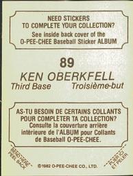 1982 O-Pee-Chee Stickers #89 Ken Oberkfell Back