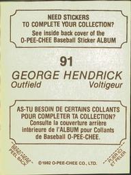 1982 O-Pee-Chee Stickers #91 George Hendrick Back