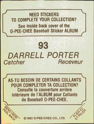 1982 O-Pee-Chee Stickers #93 Darrell Porter Back