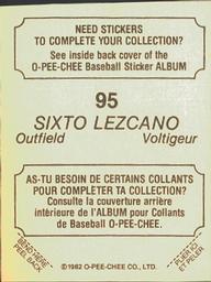 1982 O-Pee-Chee Stickers #95 Sixto Lezcano Back