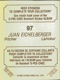 1982 O-Pee-Chee Stickers #97 Juan Eichelberger Back