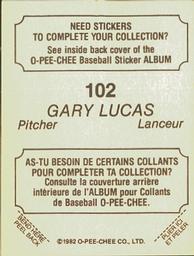1982 O-Pee-Chee Stickers #102 Gary Lucas Back