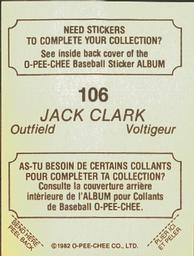 1982 O-Pee-Chee Stickers #106 Jack Clark Back