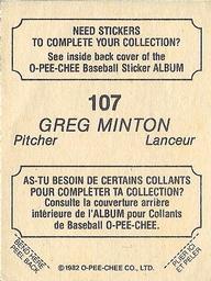 1982 O-Pee-Chee Stickers #107 Greg Minton Back