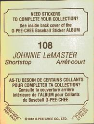 1982 O-Pee-Chee Stickers #108 Johnnie LeMaster Back
