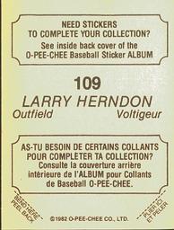 1982 O-Pee-Chee Stickers #109 Larry Herndon Back