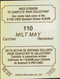 1982 O-Pee-Chee Stickers #110 Milt May Back