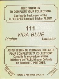 1982 O-Pee-Chee Stickers #111 Vida Blue Back