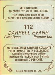 1982 O-Pee-Chee Stickers #112 Darrell Evans Back