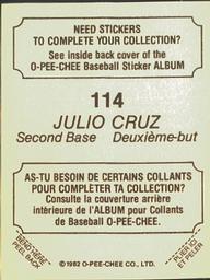 1982 O-Pee-Chee Stickers #114 Julio Cruz Back