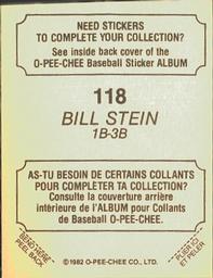1982 O-Pee-Chee Stickers #118 Bill Stein Back