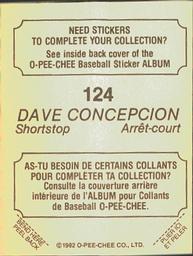 1982 O-Pee-Chee Stickers #124 Dave Concepcion Back