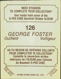 1982 O-Pee-Chee Stickers #126 George Foster Back