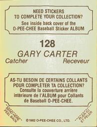1982 O-Pee-Chee Stickers #128 Gary Carter Back