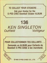 1982 O-Pee-Chee Stickers #136 Ken Singleton Back