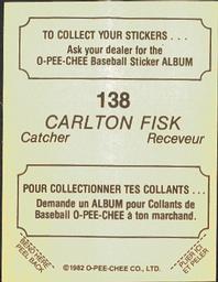 1982 O-Pee-Chee Stickers #138 Carlton Fisk Back
