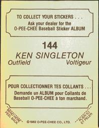 1982 O-Pee-Chee Stickers #144 Ken Singleton Back