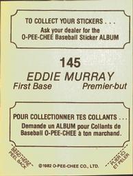 1982 O-Pee-Chee Stickers #145 Eddie Murray Back