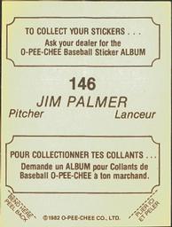 1982 O-Pee-Chee Stickers #146 Jim Palmer Back