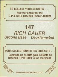 1982 O-Pee-Chee Stickers #147 Rich Dauer Back
