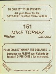 1982 O-Pee-Chee Stickers #151 Mike Torrez Back