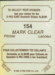 1982 O-Pee-Chee Stickers #154 Mark Clear Back