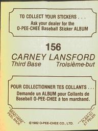 1982 O-Pee-Chee Stickers #156 Carney Lansford Back
