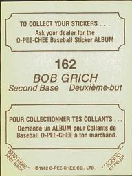 1982 O-Pee-Chee Stickers #162 Bob Grich Back