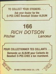 1982 O-Pee-Chee Stickers #166 Richard Dotson Back