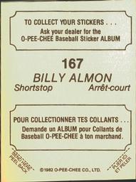 1982 O-Pee-Chee Stickers #167 Bill Almon Back