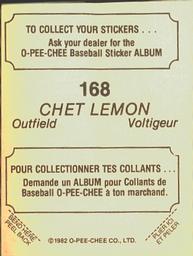 1982 O-Pee-Chee Stickers #168 Chet Lemon Back