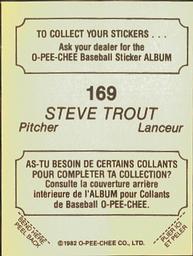 1982 O-Pee-Chee Stickers #169 Steve Trout Back
